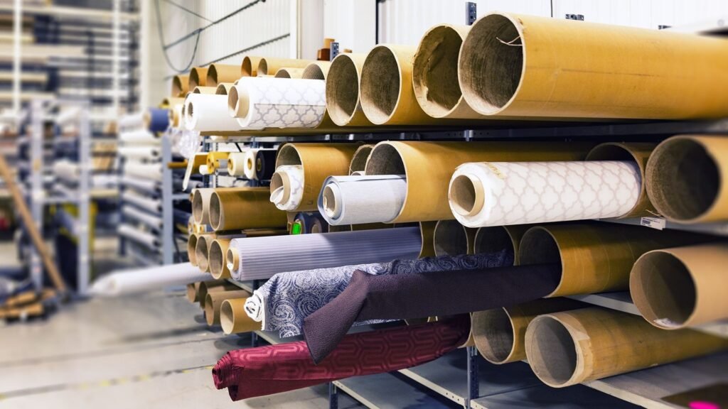 Fabric rolls stored on industrial racks in a textile warehouse
