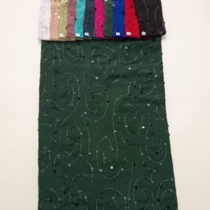 Chiffon Embroidery 44 – Bottle Green Sequin & Bead Swirl Embroidered Chiffon Fabric – flat view with colour card