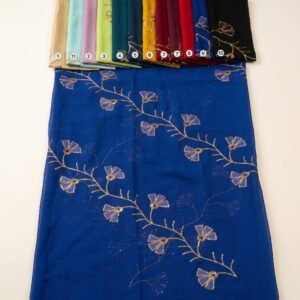 Chiffon Embroidery Work 44 – Royal Blue Chiffon with Gold Zari Floral Vine Embroidery