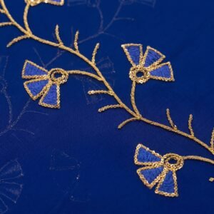 Chiffon Embroidery Work 44 – Royal Blue Chiffon with Gold Zari Floral Vine Embroidery – close-up of gold zari floral embroidery
