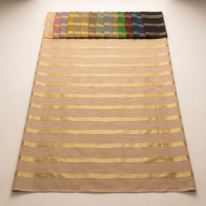 Chiffon Gold Jari Pati 44 – Beige Chiffon with Gold Zari Stripes – flat view with colour range