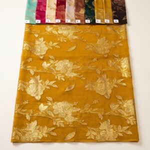 Chiffon Naj Naj 44 – Mustard Chiffon with Gold Thread Floral Work – flat view with numbered colour card