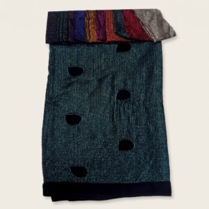 Chiffon Sequence Work 44 – Teal Shimmer Sequin Fabric with Velvet Paisley Motifs – flat view with colour range