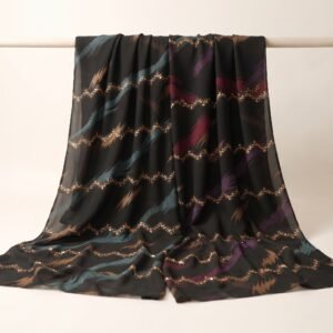 Chiffon Work 44 – Black Brush-Stroke Print Chiffon with Gold Sequin Zigzag