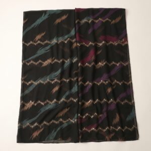 Chiffon Work 44 – Black Brush-Stroke Print Chiffon with Gold Sequin Zigzag – flat view