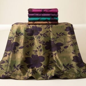 Organza Printed 44 – Gold Shimmer Organza with Purple Floral Print