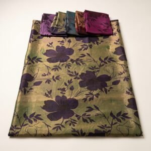 Organza Printed 44 – Gold Shimmer Organza with Purple Floral Print – folded with colourways