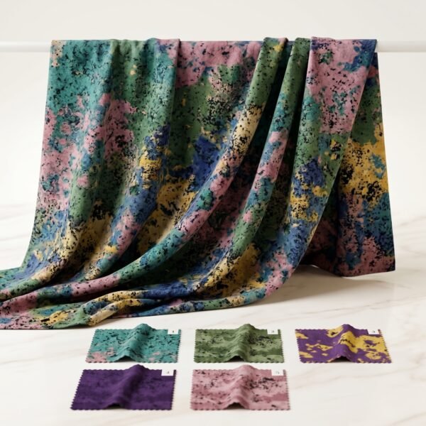Abstract print fabric – draped with colour swatches